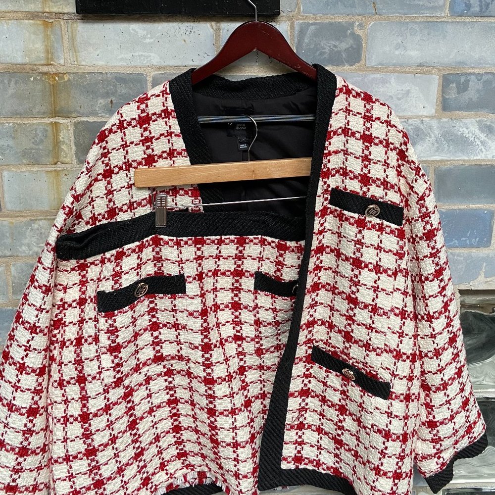 RIVER ISLAND PLUS RED BOUCLE MINI SKIRT & CHECK BLAZER SET (2 DIFFERENT SIZES)
